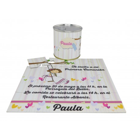 Invitacion Comunion niña en puzzle con texto en lata personalizada con nombre